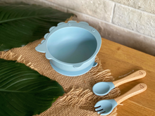 Load image into Gallery viewer, Chompy Dinosaur Bowl &amp; Cutlery Set - Baby Blue
