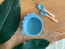 Load image into Gallery viewer, Chompy Dinosaur Bowl &amp; Cutlery Set - Baby Blue
