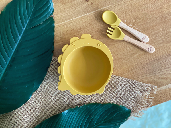 Chompy Dinosaur Bowl & Cutlery Set - Mustard