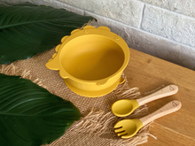 Load image into Gallery viewer, Chompy Dinosaur Bowl &amp; Cutlery Set - Mustard
