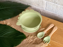 Load image into Gallery viewer, Chompy Dinosaur Bowl &amp; Cutlery Set - Sage
