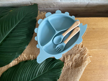 Load image into Gallery viewer, Steggy Dinosaur Plate &amp; Cutlery Set - Baby Blue
